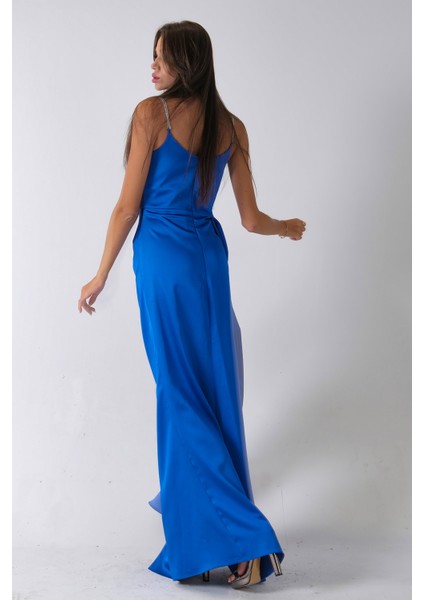 Saks Gümüş Askı Detaylı Yırtmaçlı Straplez Abiye 0801023.26