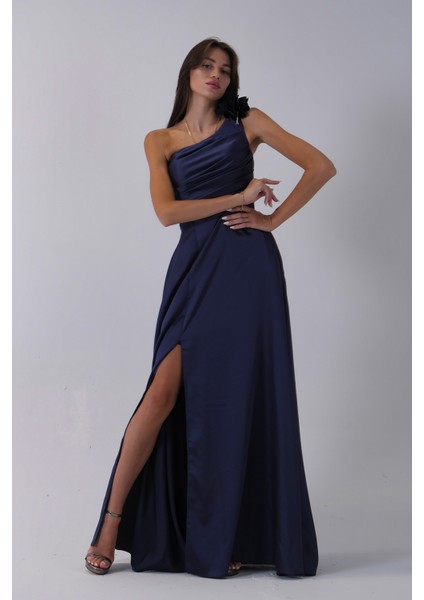 Lacivert Tek Omuz Çiçek Detaylı Saten Yırtmaçlı Abiye 0801041.02 fiyatları