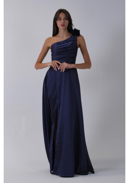 Lacivert Tek Omuz Çiçek Detaylı Saten Yırtmaçlı Abiye 0801041.02 modelleri