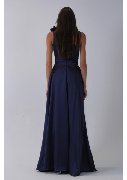 Lacivert Tek Omuz Çiçek Detaylı Saten Yırtmaçlı Abiye 0801041.02 fırsatları