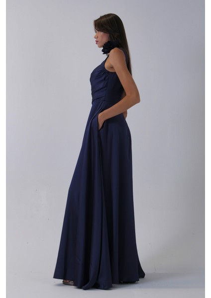 Lacivert Tek Omuz Çiçek Detaylı Saten Yırtmaçlı Abiye 0801041.02