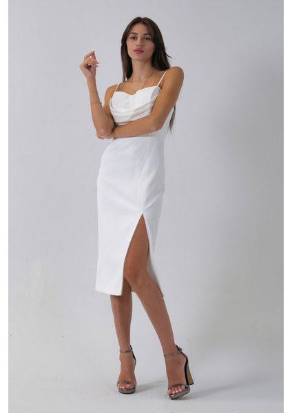 Beyaz Ip Askılı Yırtmaç Detaylı Midi Boy Abiye 0801078.15