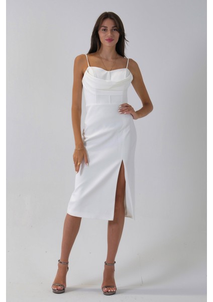 Beyaz Ip Askılı Yırtmaç Detaylı Midi Boy Abiye 0801078.15 fiyatları