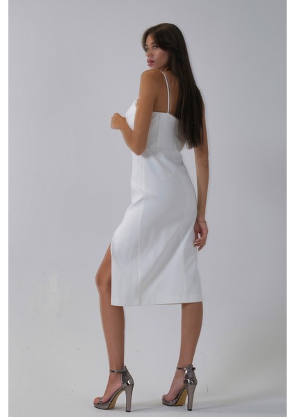 Beyaz Ip Askılı Yırtmaç Detaylı Midi Boy Abiye 0801078.15 modelleri