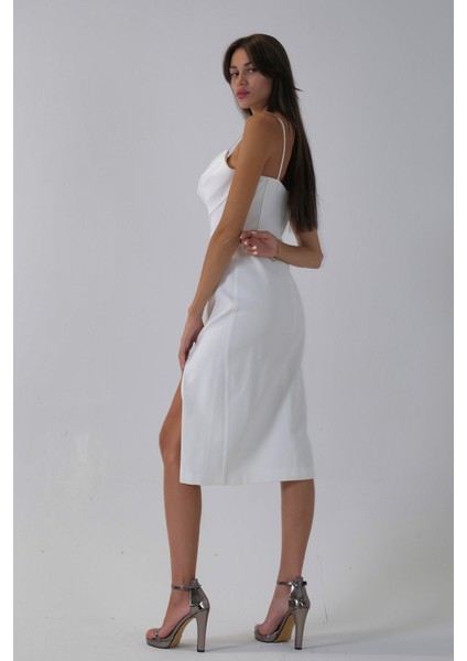 Beyaz Ip Askılı Yırtmaç Detaylı Midi Boy Abiye 0801078.15 fırsatları