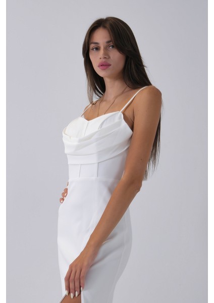 Beyaz Ip Askılı Yırtmaç Detaylı Midi Boy Abiye 0801078.15