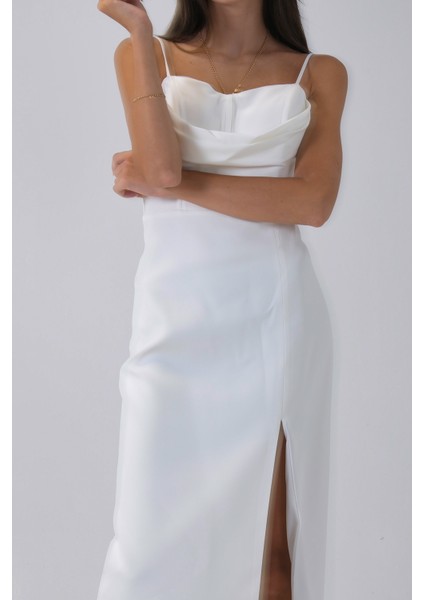 Beyaz Ip Askılı Yırtmaç Detaylı Midi Boy Abiye 0801078.15