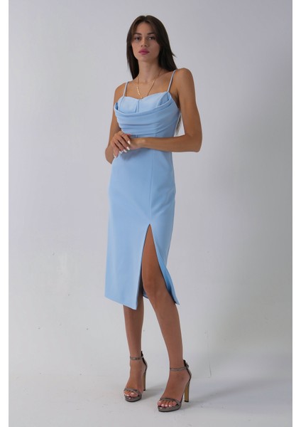 Bebe Mavi Ip Askılı Yırtmaç Detaylı Midi Boy Abiye 0801078.449 fiyatları