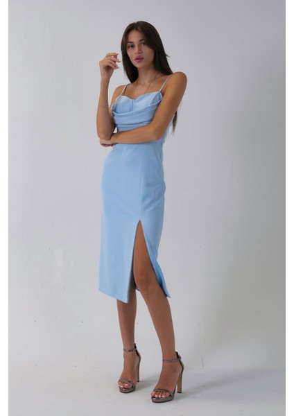 Bebe Mavi Ip Askılı Yırtmaç Detaylı Midi Boy Abiye 0801078.449 modelleri