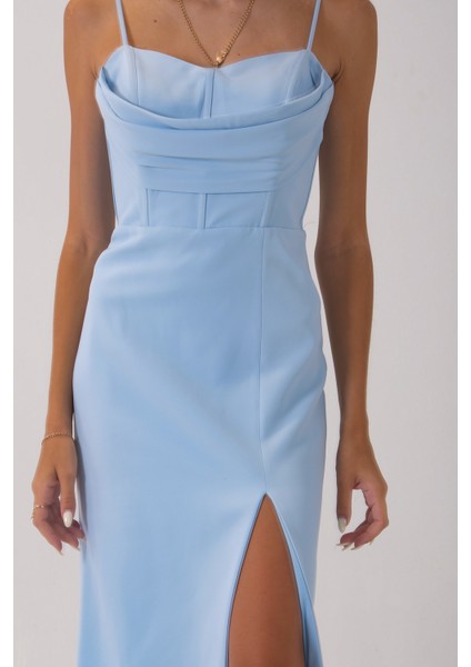 Bebe Mavi Ip Askılı Yırtmaç Detaylı Midi Boy Abiye 0801078.449