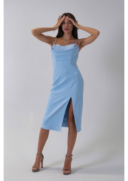 Bebe Mavi Ip Askılı Yırtmaç Detaylı Midi Boy Abiye 0801078.449