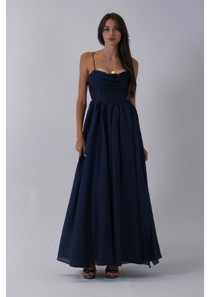 Lacivert Ince Askılı Uzun Şifon Abiye Elbise 08020031.02