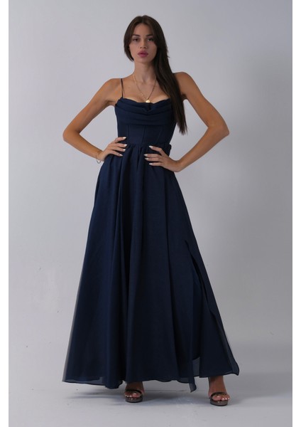 Lacivert Ince Askılı Uzun Şifon Abiye Elbise 08020031.02 fiyatları