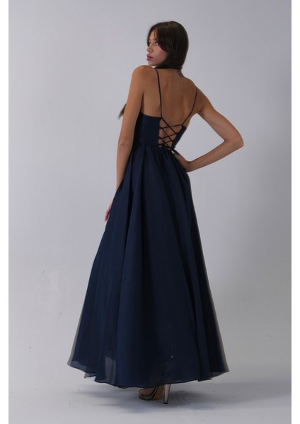 Lacivert Ince Askılı Uzun Şifon Abiye Elbise 08020031.02 fırsatları