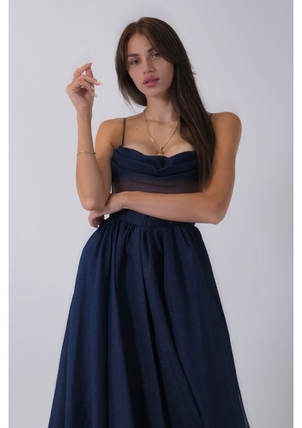 Lacivert Ince Askılı Uzun Şifon Abiye Elbise 08020031.02