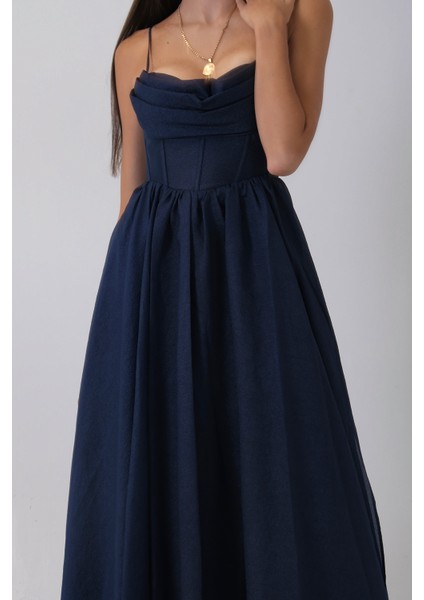 Lacivert Ince Askılı Uzun Şifon Abiye Elbise 08020031.02