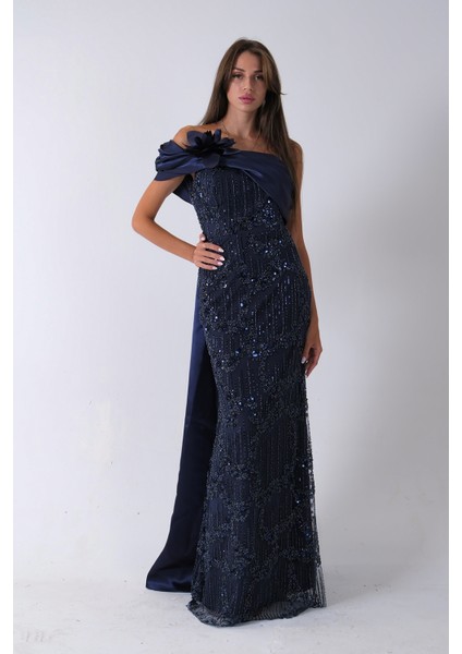 Lacivert Çiçek Detaylı Pul Boncuk Işlemeli Kuyruklu Abiye 9705650.02