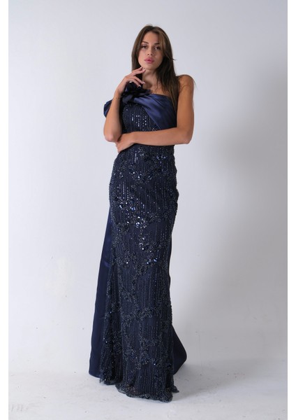 Lacivert Çiçek Detaylı Pul Boncuk Işlemeli Kuyruklu Abiye 9705650.02 fiyatları