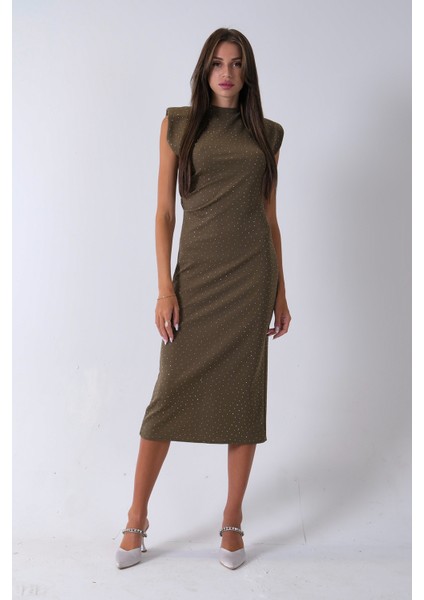 Haki Büzgülü Üzeri Taş Detaylı Elbise 03050336.23