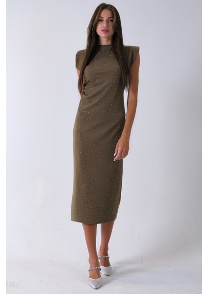 Haki Büzgülü Üzeri Taş Detaylı Elbise 03050336.23 fiyatları
