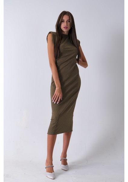 Haki Büzgülü Üzeri Taş Detaylı Elbise 03050336.23 modelleri