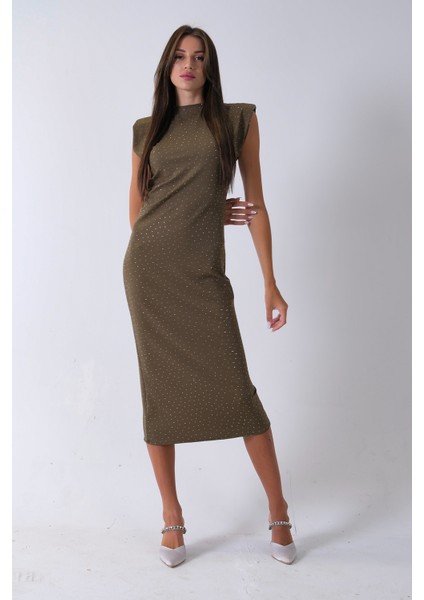 Haki Büzgülü Üzeri Taş Detaylı Elbise 03050336.23 indirimleri