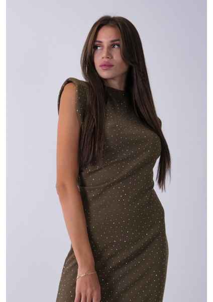Haki Büzgülü Üzeri Taş Detaylı Elbise 03050336.23