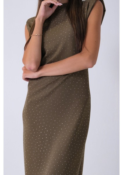 Haki Büzgülü Üzeri Taş Detaylı Elbise 03050336.23