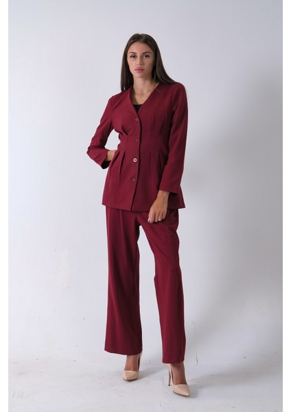 Bordo Önü 4 Düğme Kapamalı Pantolonlu Takım 4592261.04