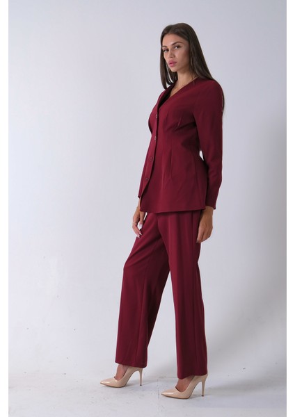 Bordo Önü 4 Düğme Kapamalı Pantolonlu Takım 4592261.04