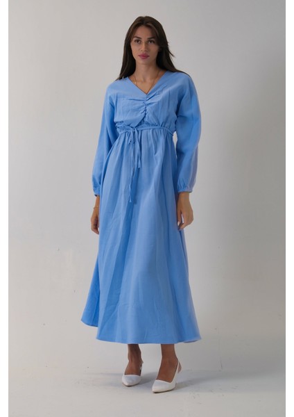 Mavi Beli Lastik Büzgülü V Yaka Bağlamalı Elbise 4593437.16