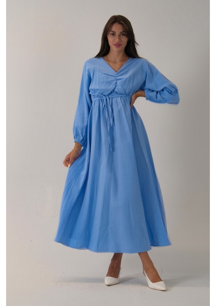 Mavi Beli Lastik Büzgülü V Yaka Bağlamalı Elbise 4593437.16 fiyatları