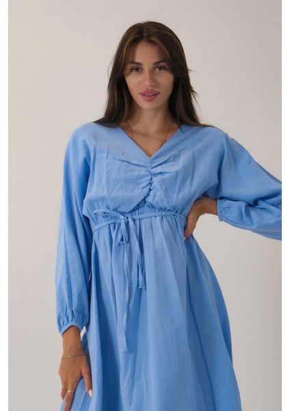 Mavi Beli Lastik Büzgülü V Yaka Bağlamalı Elbise 4593437.16
