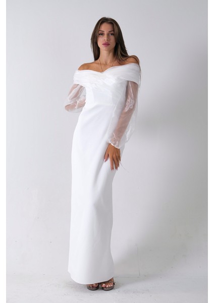Beyaz Organze Kol Detaylı Kayık Yaka Abiye 0801086.15