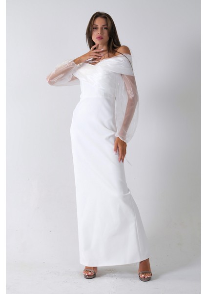 Beyaz Organze Kol Detaylı Kayık Yaka Abiye 0801086.15 modelleri