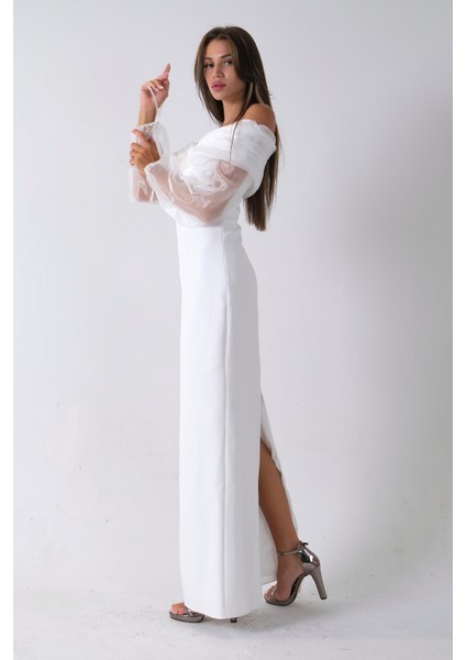 Beyaz Organze Kol Detaylı Kayık Yaka Abiye 0801086.15 fırsatları