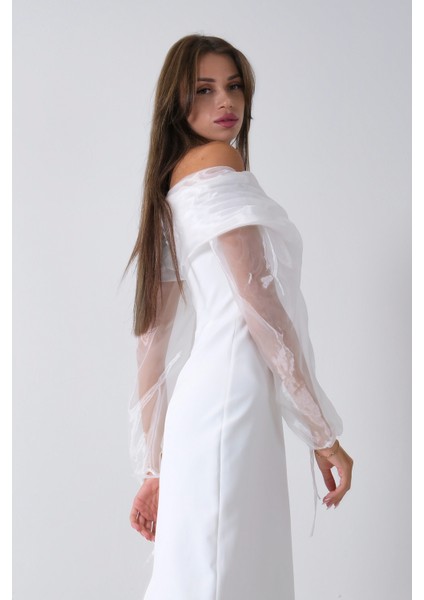 Beyaz Organze Kol Detaylı Kayık Yaka Abiye 0801086.15