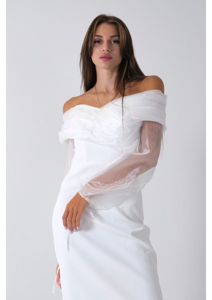 Beyaz Organze Kol Detaylı Kayık Yaka Abiye 0801086.15