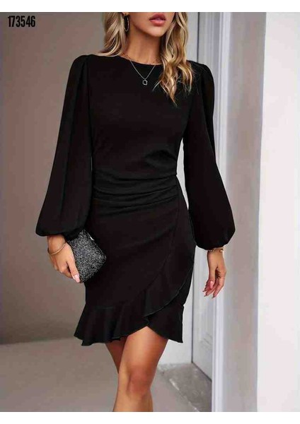 Kadın Uzun Kollu Bisiklet Yaka Önden Volanlı Ithal Krep Elbise, Kırmızı Gül Figürlü Kolye Hediye modelleri