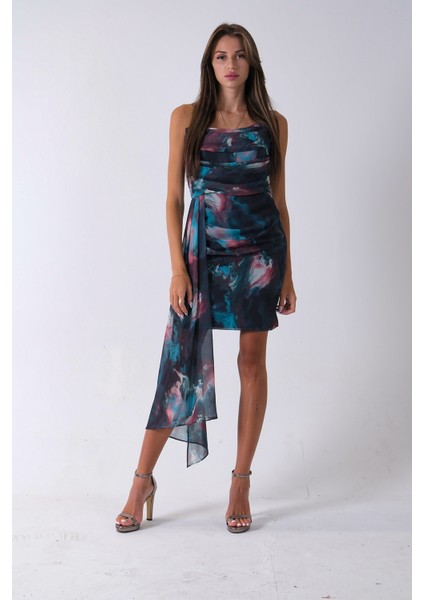 Petrol Midi Boy Desenli Tül Şifon Abiye 0802002.13