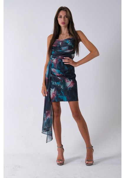 Petrol Midi Boy Desenli Tül Şifon Abiye 0802002.13 fiyatları