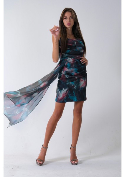 Petrol Midi Boy Desenli Tül Şifon Abiye 0802002.13 modelleri