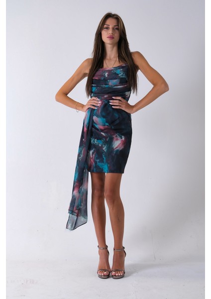 Petrol Midi Boy Desenli Tül Şifon Abiye 0802002.13 fırsatları