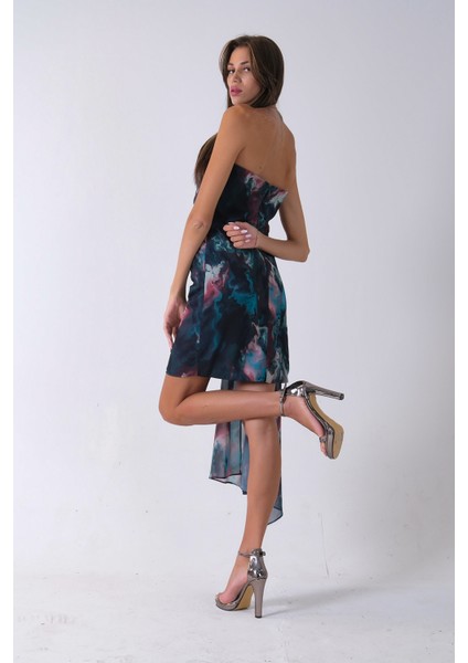 Petrol Midi Boy Desenli Tül Şifon Abiye 0802002.13