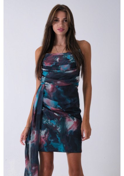 Petrol Midi Boy Desenli Tül Şifon Abiye 0802002.13