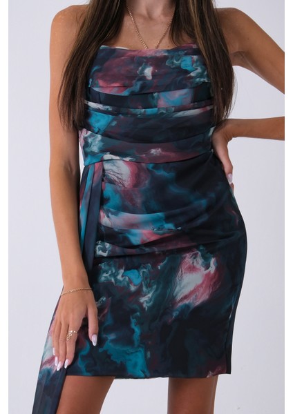 Petrol Midi Boy Desenli Tül Şifon Abiye 0802002.13