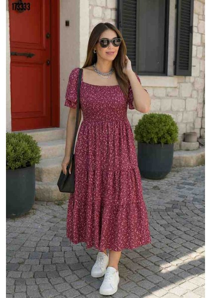 Kadın Kısa Kollu Gipe Detaylı Desenli Midi Süprem Elbise, Kırmızı Gül Figürlü Kolye Hediye