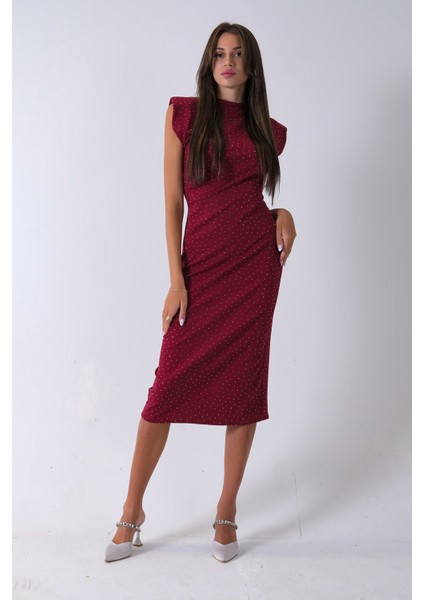 Bordo Büzgülü Üzeri Taş Detaylı Elbise 03050336.04