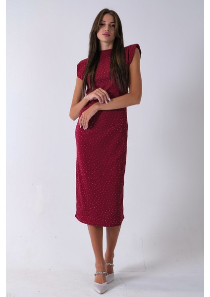 Bordo Büzgülü Üzeri Taş Detaylı Elbise 03050336.04 modelleri