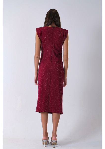 Bordo Büzgülü Üzeri Taş Detaylı Elbise 03050336.04